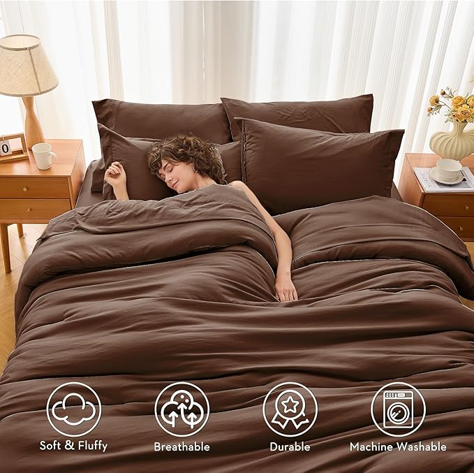 MUXHOMO 7 Pieces Full Comforter Set, Soft Bed in a Bag Full Size, All Season Bedding Set with Comforter, Flat Sheet, Fitted Sheet, Pillowcases & Shams, Brown