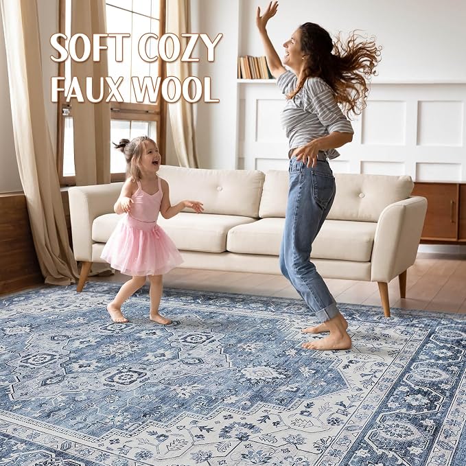 10x14 Area Rugs Living Room: Washable Boho Large Neutral Vintage Soft Rug Stain Resistant Farmhouse Non-Slip Indoor Floor Retro Carpet for Bedroom Nursery Kids Office Dining Room- Blue Gray
