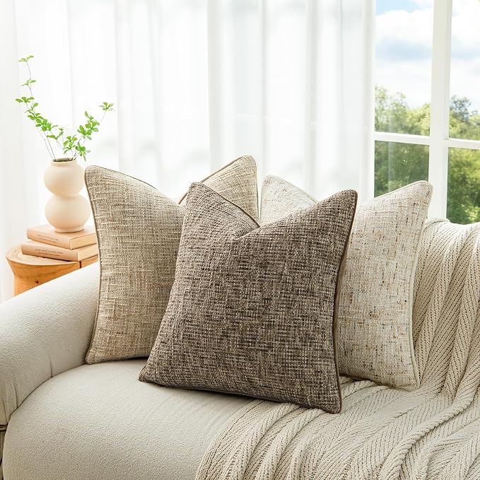 a moment Brown Reversible Pillow Covers 2 Pack - Farmhouse Chenille Velvet Throw Pillows, Neutral Textured Decorative Throw Pillow Covers with Border for Couch Sofa Bed (16x16 Inch, No Insert)