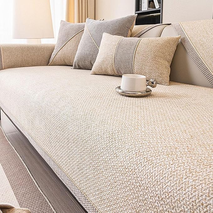 Modern Woven Cotton and Linen Sofa Cover, Couch Cover for Loveseat/3 Cushion/L Shaped/Chaise Lounge Couch/Sectional Couch,Anti-Slip Solid Sofa Slipcover (Beige,70 * 70cm/27.5 * 27.5in)