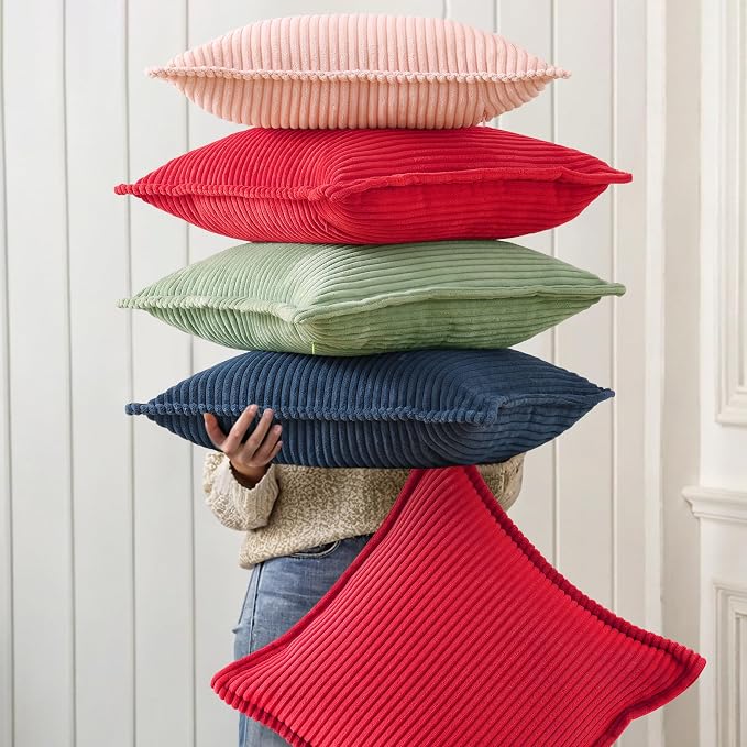 decorUhome Summer Corduroy Red Throw Pillow Covers 18x18 Set of 2 Decorative Soft Boho Farmhouse Couch Pillow Covers for Living Room Bed Sofa Broadside Striped Pillow Cases
