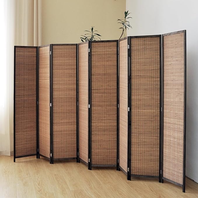 8 Panel Bamboo Room Divider Screen,5.6 FT Tall Bamboo Divider Folding Panel Screen,Freestanding Panel Divider for Room Seperation,Brown