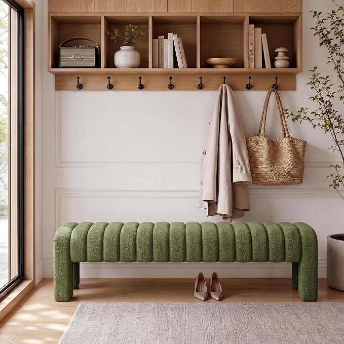 63’’ Bedroom Bench, Upholstered End of Bed Bench with Solid Wood Legs, Modern Cushioned Dining Bench with Full Covered Fabrics for Entryway, Bedroom, Living Room (Green, Boucle)