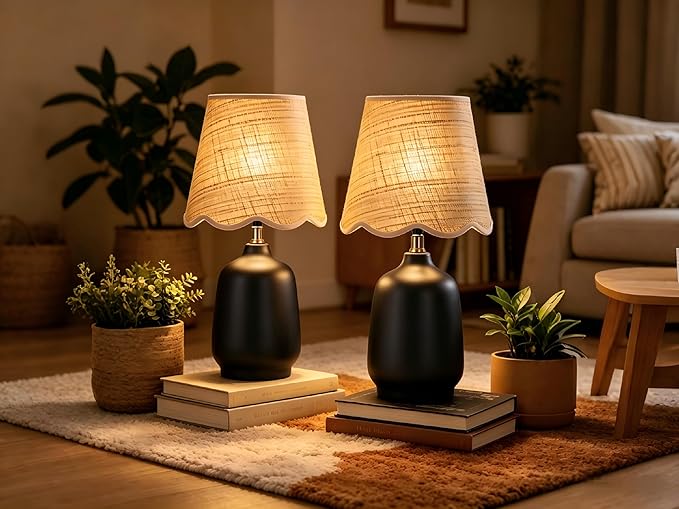 Pia Ricco Set of 2 19" Modern Ceramic Table Lamp for Living Room Cream Base Desk Lamps for Bedroom Farmhouse Bedside Nightstand Lamp End Table Lamps,Black,Rattan Shade
