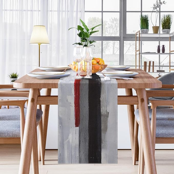 Emvency Black and White Table Runner, Modern Grey Red Art Painting for Kitchen Coffee Table Family Dinners Holiday Parties Wedding Events Decor(13x90 inch)