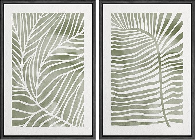SIGNWIN Canvas Print Wall Art Set Green White Tropical Island Palm Leaves Nature Wilderness Illustrations Modern Art Rustic Multicolor for Living Room, Bedroom, Office - 24"x36"x2 Black