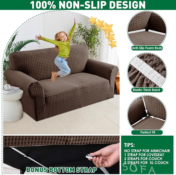 MAXIJIN Stretch Loveseat Couch Cover for 2 Cushion Couch (55"-69" Washable Sofa Slipcovers with Non-Slip Foam & Elastic Strap, Dog Cat Pet Friendly Furniture Protector (Medium, Brown)
