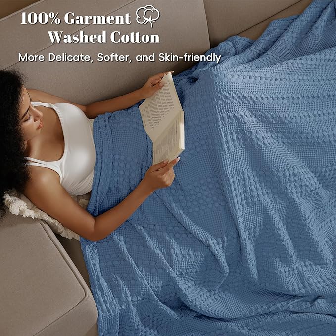 PHF 100% Cotton Waffle Weave Blanket Queen Size for Bed, Soft Lightweight & Breathable for Spring and Summer, All-Season Comfort, Luxury Aesthetic Blanket for Home Decor, 90"x90", Denim Blue
