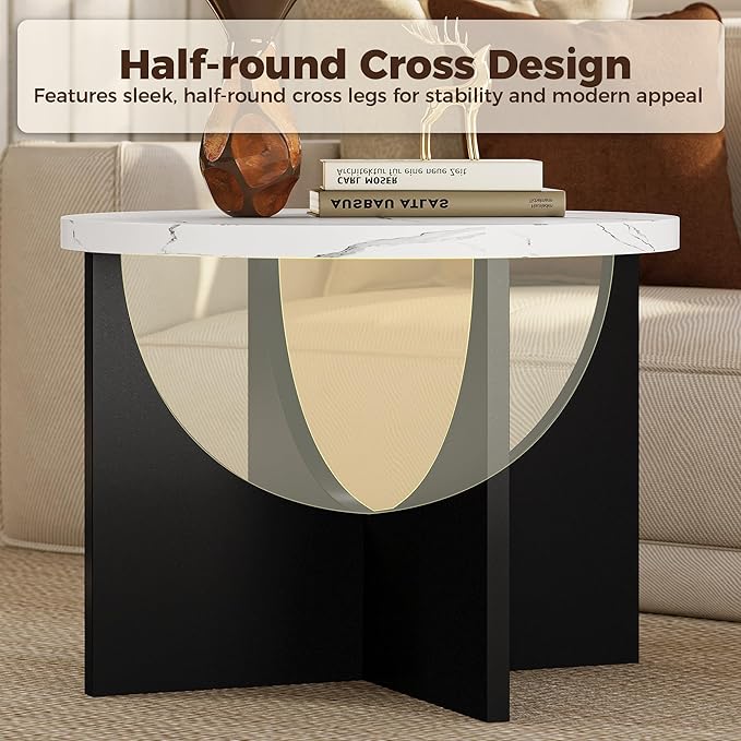 LIKIMIO Nesting Coffee Tables Set of 2, 23.6" Small Round Side Tables for Living Room, Wooden End Table, Marble