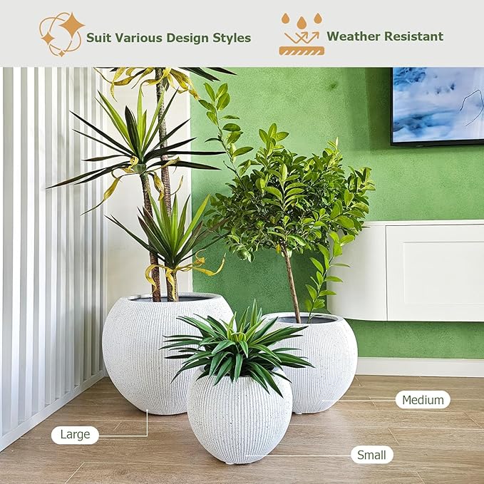 KUTE NEST 16" H x 20" D Premium Ribbed Globo Fiberstone Round Planter with Drainage Hole, Weather Resistant for Indoor and Outdoor Use, Included 2 Extra Coco Mats (Speckled White, 13.5" Pot Opening)