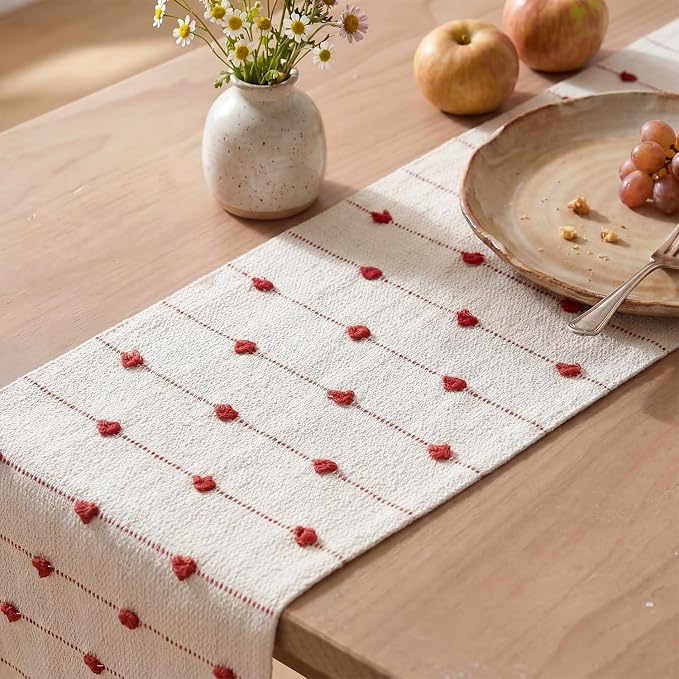Artoid Mode Red Boho Farmhouse Cotton Woven Table Runner, Seasonal Christmas Kitchen Dining Table Decoration for Home Party Decor 12x36 Inch