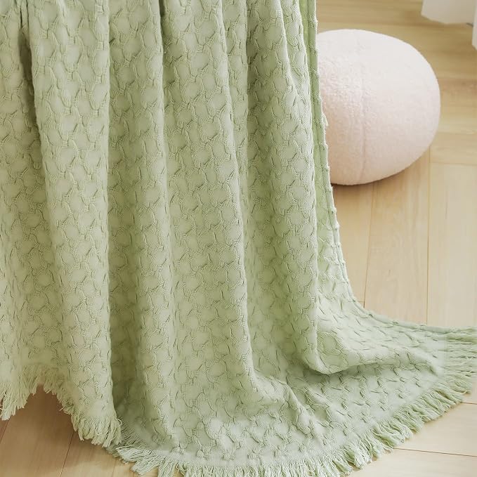 Simple&Opulence 100% Cotton Throw Blanket for Couch, Bed, Waffle Weave Knit Blanket with Tassels, Soft Lightweight Pre-Washed Breathable Comfy Blanket Farmhouse Decor for All-Season(Sage Green)