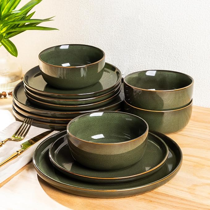 AmorArc Stoneware Dinnerware Sets for 4,Round Reactive Glaze Ceramic Plates and Bowls Set,Highly Scrath Resistant | Dishwasher & Microwave Safe Dishes Set,Service for 4 (12pc)