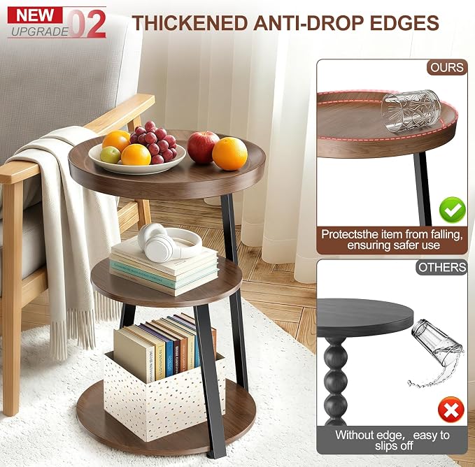 Round Side Table, 3-Tier Tray Top End Table with Storage Shelf, Ultra Stable Coffee End Table/Nightstand, Modern Farmhouse Couch Table for Living Room, Bedroom, Bedside Stand or Small Spaces, Walnut