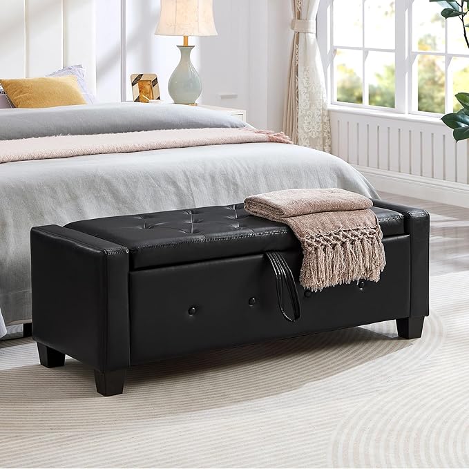 Furniliving 48" Ottoman with Storage, End of Bed Bench with Button-Tufted Large Upholstered Storage Ottoman Entryway Bench Storage Bench for Bedroom, Living Room, PU, Black