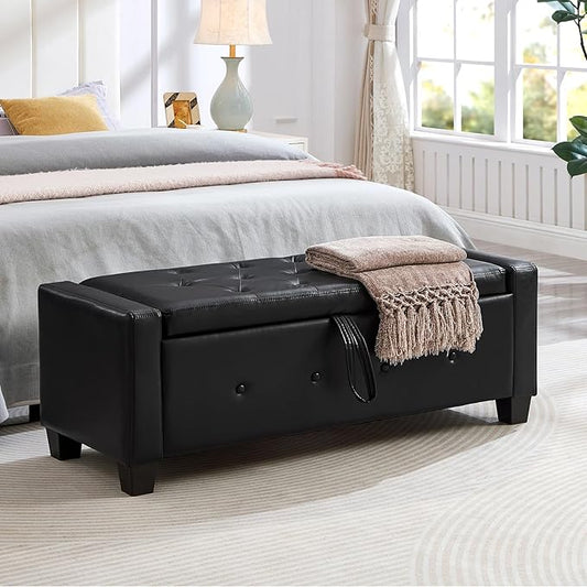 Furniliving 48" Ottoman with Storage, End of Bed Bench with Button-Tufted Large Upholstered Storage Ottoman Entryway Bench Storage Bench for Bedroom, Living Room, PU, Black