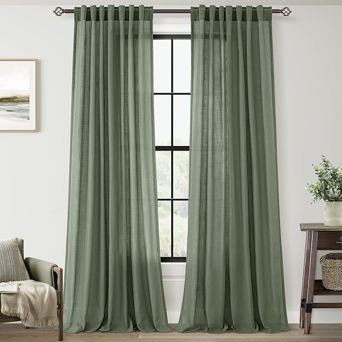 Olive Green Curtains 108 inch Length 2 Panels for Bedroom Back Tab Light Filtering Semi Sheer Drapes Linen Cotton Textured Airy Modern Farmhouse Living Room Sage Aesthetic Decor 52x108