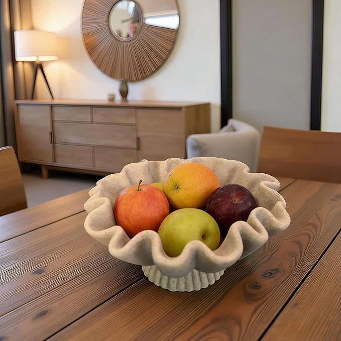 10" Large Handmade Decorative Bowl decor , Handicraft Scalloped Bowls for Modern Home Decor,Ruffle Decor,Key Bowl for Entry Table,Decorative Fruit Bowl for Kitchen Counter,Artificial Stone Beige