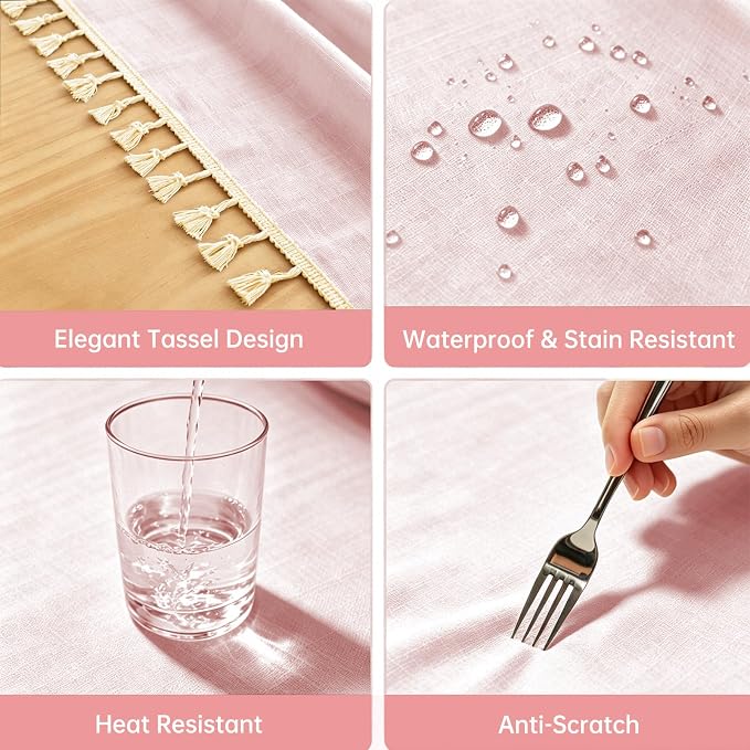 Alsoo Spring Pink Table Cloth Rectangle Table Heavy Duty Cotton Linen Tablecloth Farmhouse Boho Waterproof Wrinkle Free Tables Cover with Tassel for Kitchen Dining Holiday Party, 55" x 106"
