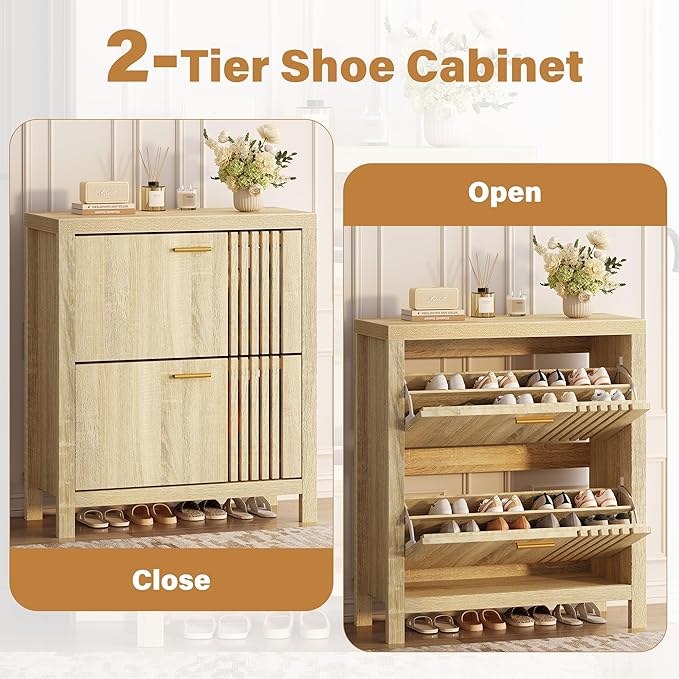 Shoe Storage Cabinet for Entryway with 2 Flip Drawers, 31.5" Narrow Fluted Shoe Organizer Cabinet, Slim Wooden Shoe Rack Cabinet, Freestanding Hidden Shoe Cabinet for Hallway, Entrance (Natural Oak)