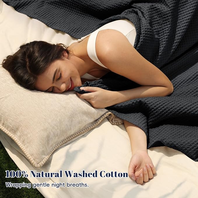 PHF 100% Cotton Waffle Weave Blanket King Size 104" x 90" - Lightweight Washed Soft Breathable -Perfect Layer for Couch Bed Sofa - Aesthetic Elegant Home Decoration Gift - Black