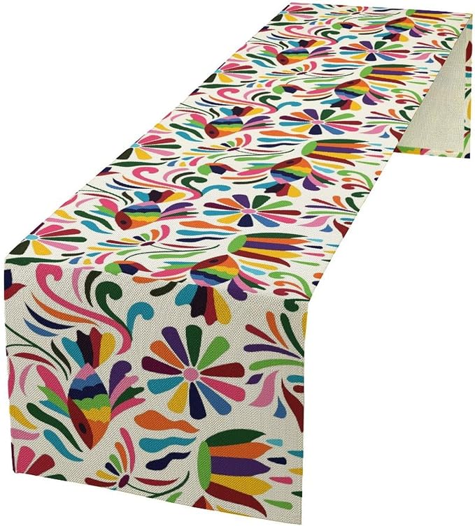 YCness Mexican Floral Themed Table Runer, Linen Colorful Mexican National Element Tradition Table Runner for Party for Party Home Bedroom Living Room Kitchen, 13x36 Inch