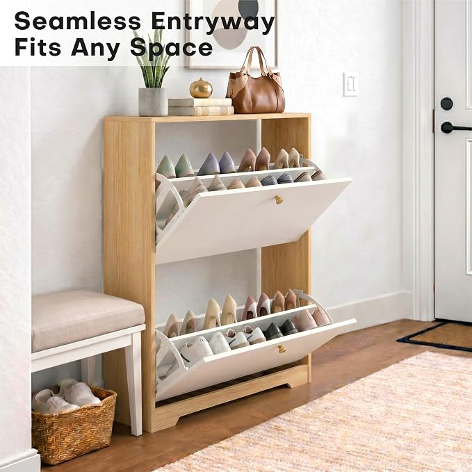 Nicetree Shoe Cabinet with 2 Flip Drawers, Narrow Shoe Organizer Cabinet, Freestanding Shoe Rack Cabinet, Modern Shoe Storage Cabinet for Entryway, Hallway, Foyer, Natural Oak and White