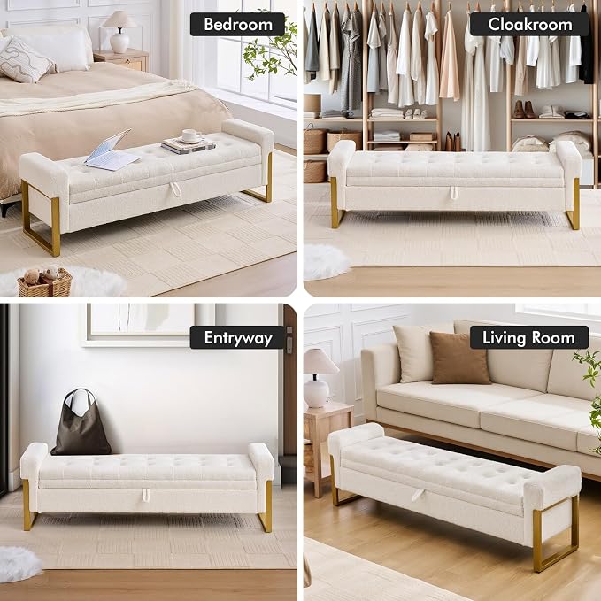 67" End of Bed Storage Bench King Size, Bench for Bedroom Foot of Bed, Upholstered Teddy Storage Ottoman with Gold Legs for Window Living Room, Teddy White