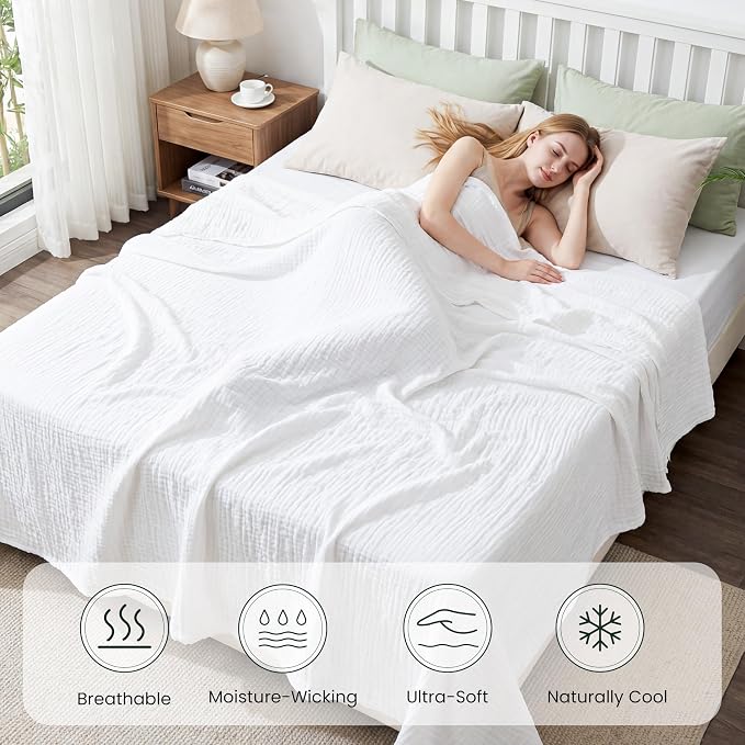 Love's cabin Cooling Muslin Blanket Queen Size, 50% Rayon Derived from Bamboo, 50% Cotton, 4-Layer Lightweight Breathable Summer Gauze Blanket for Bed, Soft for Hot Sleepers and Kids, 90"x90", White