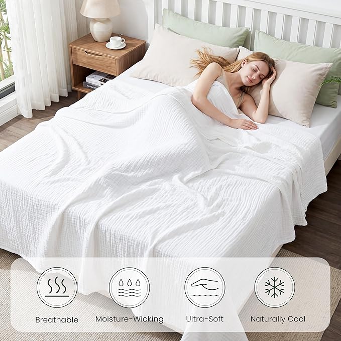 Love's cabin Cooling Muslin Blanket King Size, 50% Rayon Derived from Bamboo, 50% Cotton, 4-Layer Lightweight Breathable Summer Gauze Blanket for Bed, Soft for Hot Sleepers and Kids, 108"x90", White