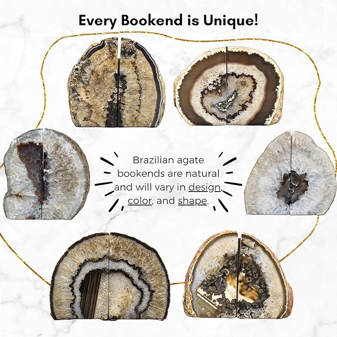 Nature's Decorations Black Agate Bookends – A+ Grade Geode Heavy Duty Decorative Stone Crystal Book Ends for Shelves & Bookcases, Natural Polished Bookshelf Decor, 1 Pair 4-6Lbs