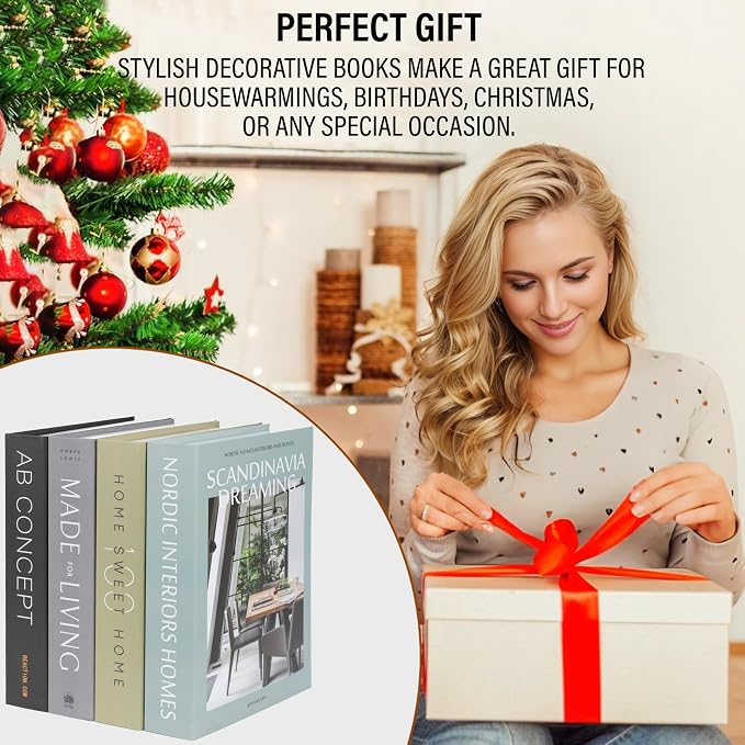 PROBENEX 4 Pcs Decorative Books | Faux Olive Green Shelf & Table Decor | Looks Luxe, Lightweight, Tool-Free - Instant Shelf and Table Styling