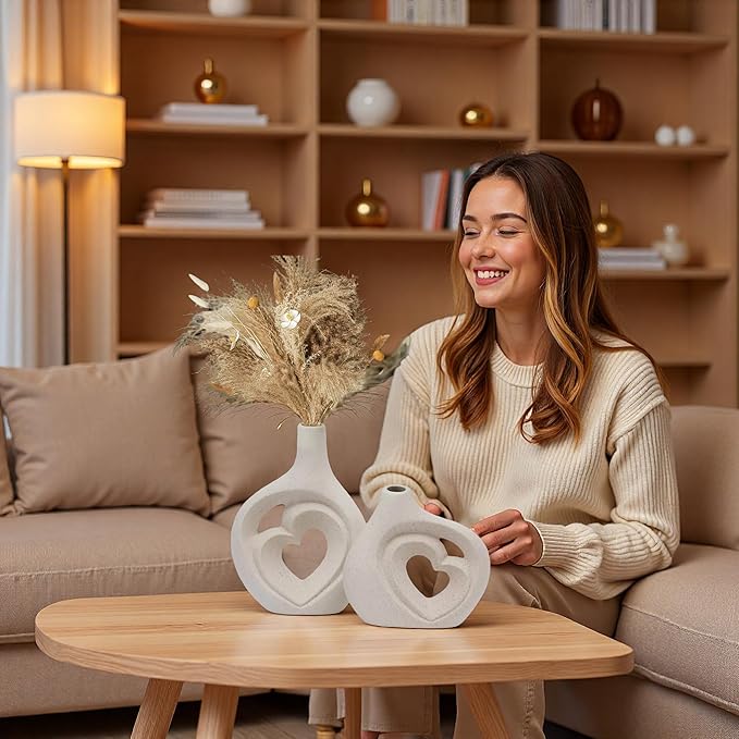 Cream White Ceramic Heart Shaped Vases Set of 2 for Decor, Nordic Flower Vase for Home, Table Centerpiece, Wedding, Living Room, Bookshelf, Office, Entryway (H 8.5in)