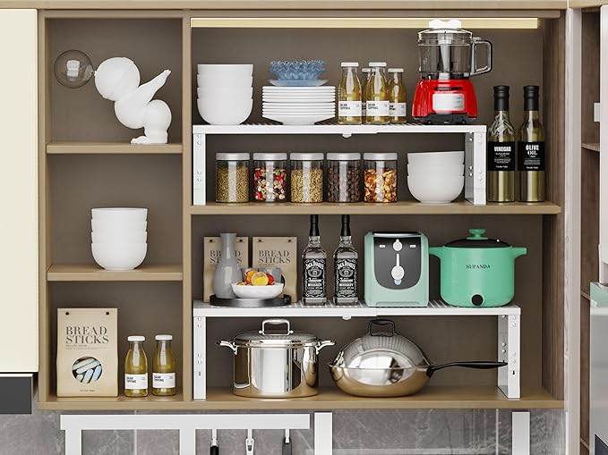 Jojocross Adjustable Expanable Stackable Spice Rack Shelf Pantry Storage Organizer for Kitchen Cabinet,Countertop,Bathroom and More.Space is no Longer Limited(2Packs/White/Medium)