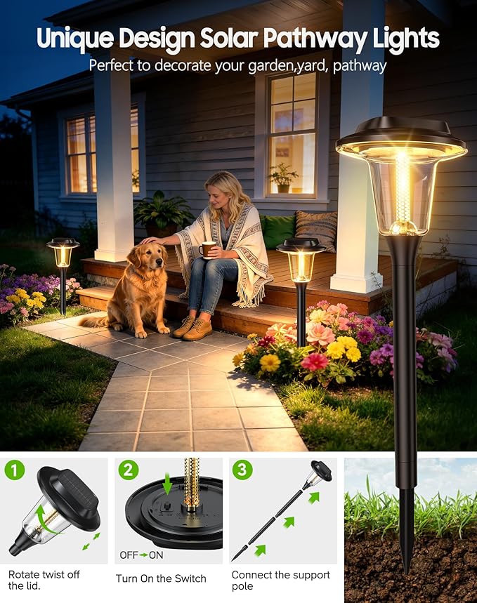 2026 New Solar Pathway Lights Outdoor 8 Pack Solar Lights Outdoor Waterproof IP65 Upgraded Bright LED Auto On/Off Modern Garden Lights Solar Powered Light for Yard Lawn Walkway Driveway Patio Decor