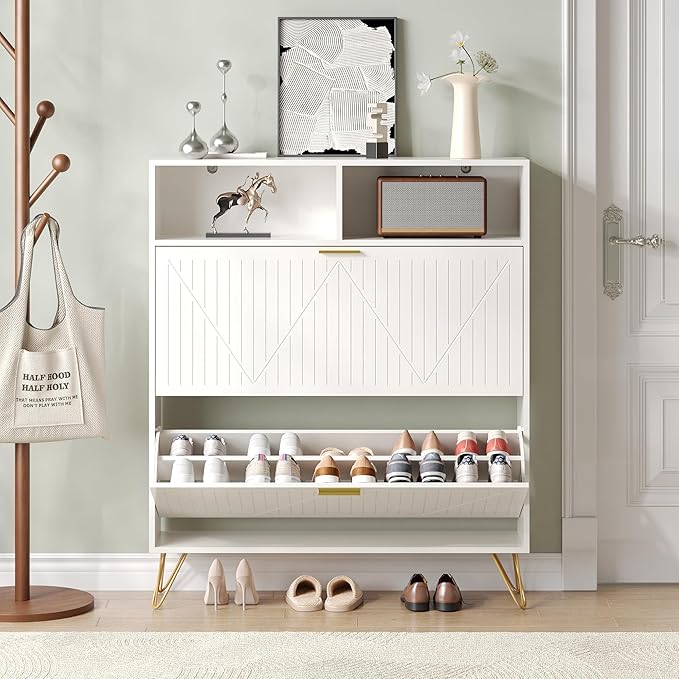 Fluted Shoe Cabinet Storage for Entryway, Set of 2, 39'' Large White Shoe Organizer with 2 Flip Drawers & Open Shelf, Freestanding Hidden Shoe Storage Cabinet