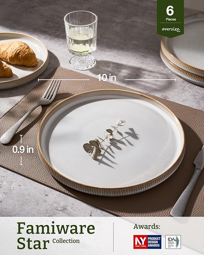 famiware Star Dinner Plates for 6, 10 inches Plate Set, Scratch Resistant, Stoneware Dinnerware, Kitchen Modern Rustic Serving Dishes, Cappuccino White (Pack of 2)