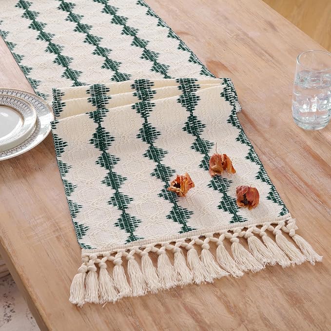 Fancy Homi Hunter Green Boho Cotton Polyester Table Runner 48 Inches Long, Farmhouse Macrame Table Runners with Tassels for Home Party Bohemian Rustic Bridal Shower Kitchen Dining Decor 12x48 Inches