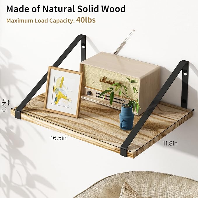 Fixwal 16.5 X 12 X 0.6in Floating Shelves, Rustic Wood Large Wall Mounted Shelves for Decor Storage for Bedroom, Living Room, Kitchen, Bathroom and Office Storage