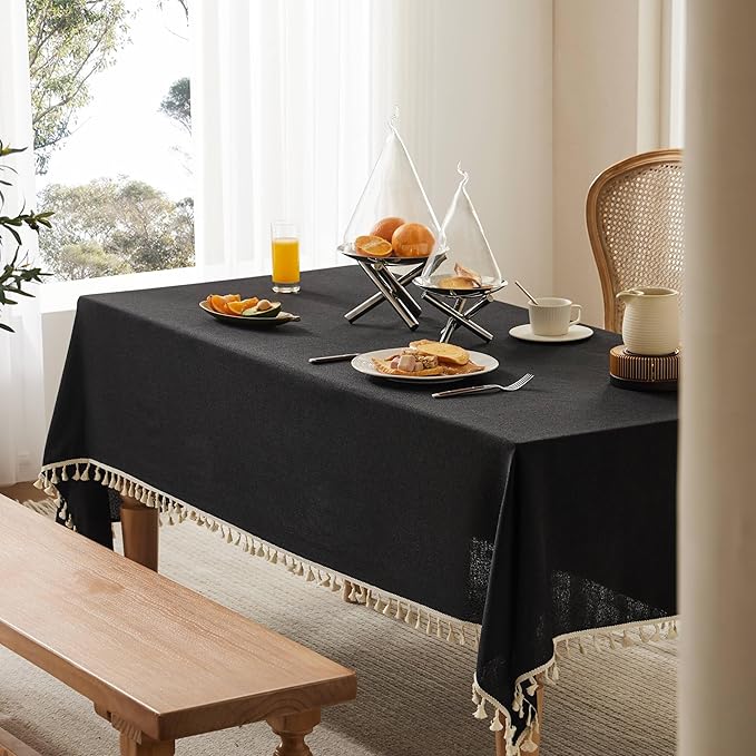 Linen Tablecloth with Tassels, Farmhouse Style Black Tablecloth, Water Resistant Burlap Tablecloths for Rectangle Table, 60x120 Inch Black