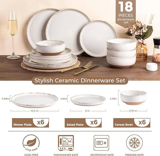 AmorArc 18 Pieces Ceramic Dinnerware Sets for 6, Handpainted Stoneware Plates and Bowls Set with Rustic Terracotta Underside, Scratch Resistant Dishes Set, Dishwasher & Microwave Safe
