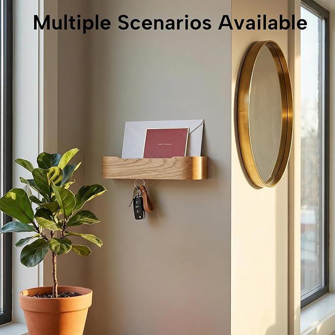 Wall Mount Key Holder with 5 Hidden Hooks Modern Key Hanger Rack Wood Entryway Hook Mail Organizer Tray Shelf Home Decor for Car Key Ring Dog Leash Sunglasses Bags(Light Oak)