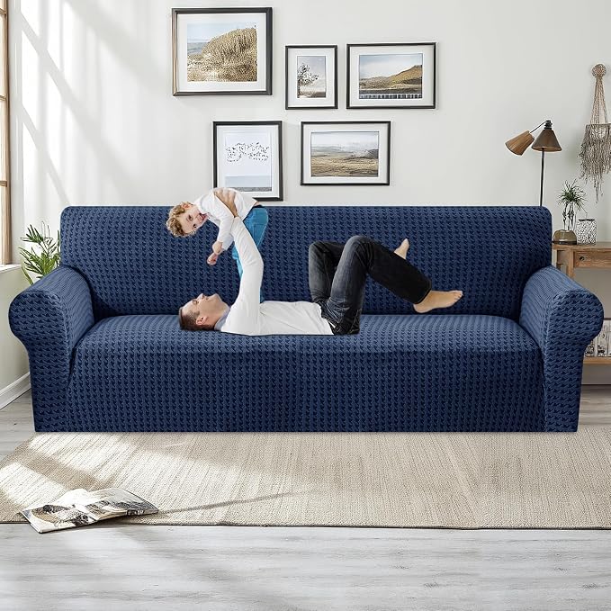 MAXIJIN Stretch Extra Large Couch Cover Sofa Covers (91"-110" Oversized Sofa Slipcovers with Non-Slip Foam & Elastic Strap, Dog Cat Pet Friendly Furniture Protector (X-Large, Navy Blue)