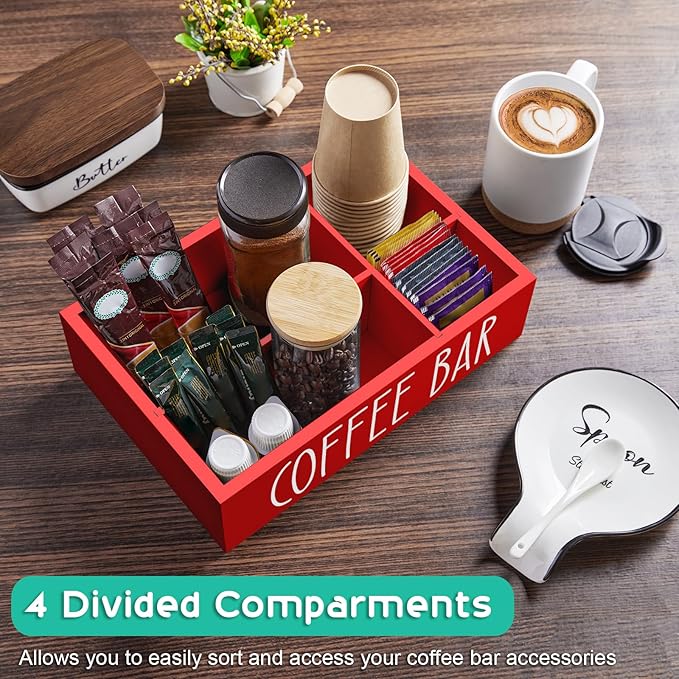 ALELION Red Coffee Station Organizer with Removable Dividers - Coffee Pod Holder Storage Basket for K Cup Sugar Tea - Red Coffee Bar Kitchen Decor Accessories Organizer for Countertop