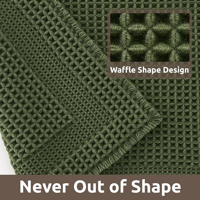 AMOAMI Waffle Bath-Mat, Absorbent Bath Mats for Bathroom Non Slip, Machine Washable Bathroom Rugs with Tassels Ultra Soft Boho Bath Rugs for Floor 2'x4'(24"x48") Dark Green