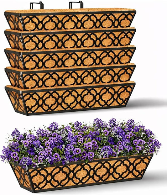 24 Inch Railing Planter Box with Coco Liner, Adjustable Metal Hanging Planter, Window Box for Balcony Deck Fence, Outdoor Flower Box Black, 6 Pack