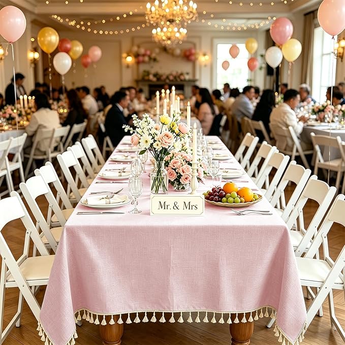 Alsoo Spring Pink Table Cloth Rectangle Table Heavy Duty Cotton Linen Tablecloth Farmhouse Boho Waterproof Wrinkle Free Tables Cover with Tassel for Kitchen Dining Holiday Party, 55" x 106"