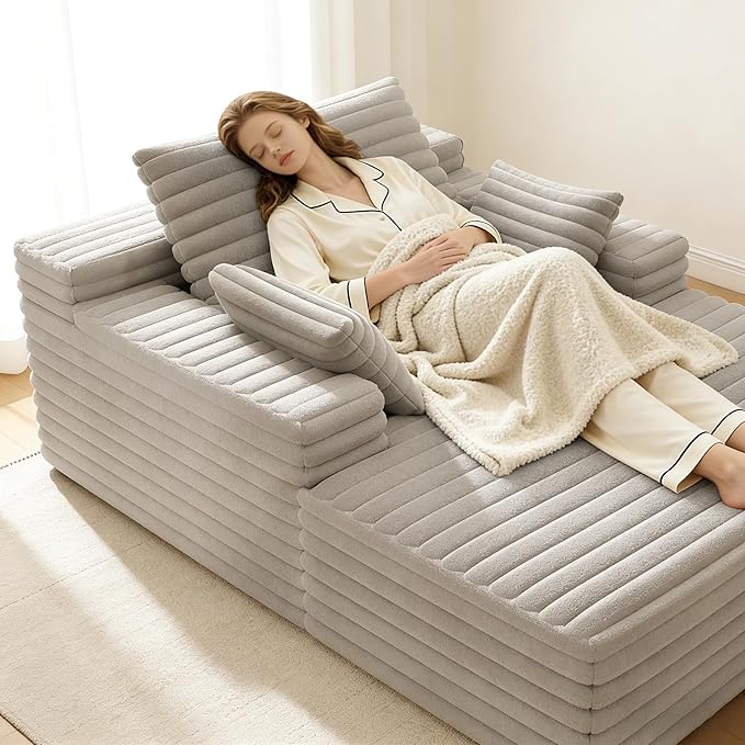 62.6" Oversized Chaise Lounge Chair Indoor,Corduroy Boneless Couch for Living Room,Memory Foam Filled Lounger Sleeper Couch with Pillows,Compress Sofa Bed,No Assembly Required,Grey | Indoor, Corduroy Boneless, Memory Foam Filled, With Pillows, No Assem...