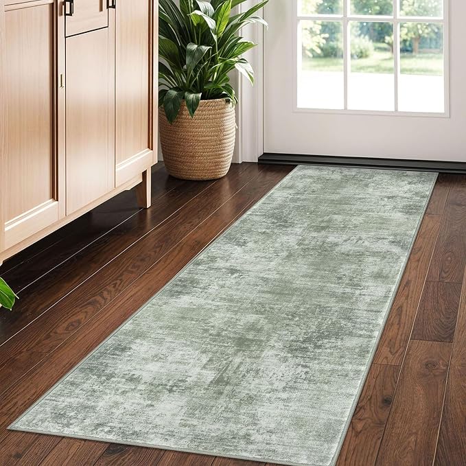 IOHOUZE Abstract Runner Rug 2x5 Ft Washable Runners for Hallways, Non Slip Kitchen Runner Printed Faux Wool Entryway Runner Indoor, Modern Abstract Floor Carpet for Hall Kitchen Bedroom, Sage Green