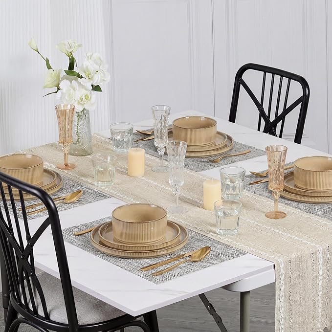 E-far Stoneware Dinnerware Sets for 2, 6-Piece Plates and Bowls Sets, Chip & Scratch Resistant Ribbed Dish Set for Home Restaurant, Microwave & Dishwasher Safe, Caramel Khaki